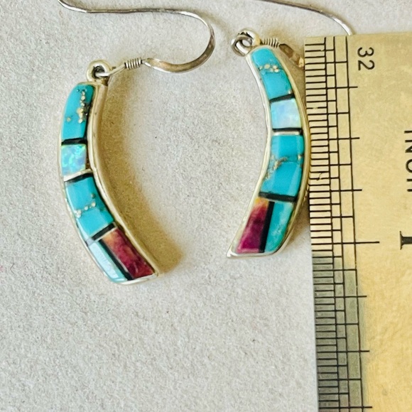 VTG Native American Earrings St Silver 925 Turquoise Opal Inlay Signed Marked - Picture 2 of 8